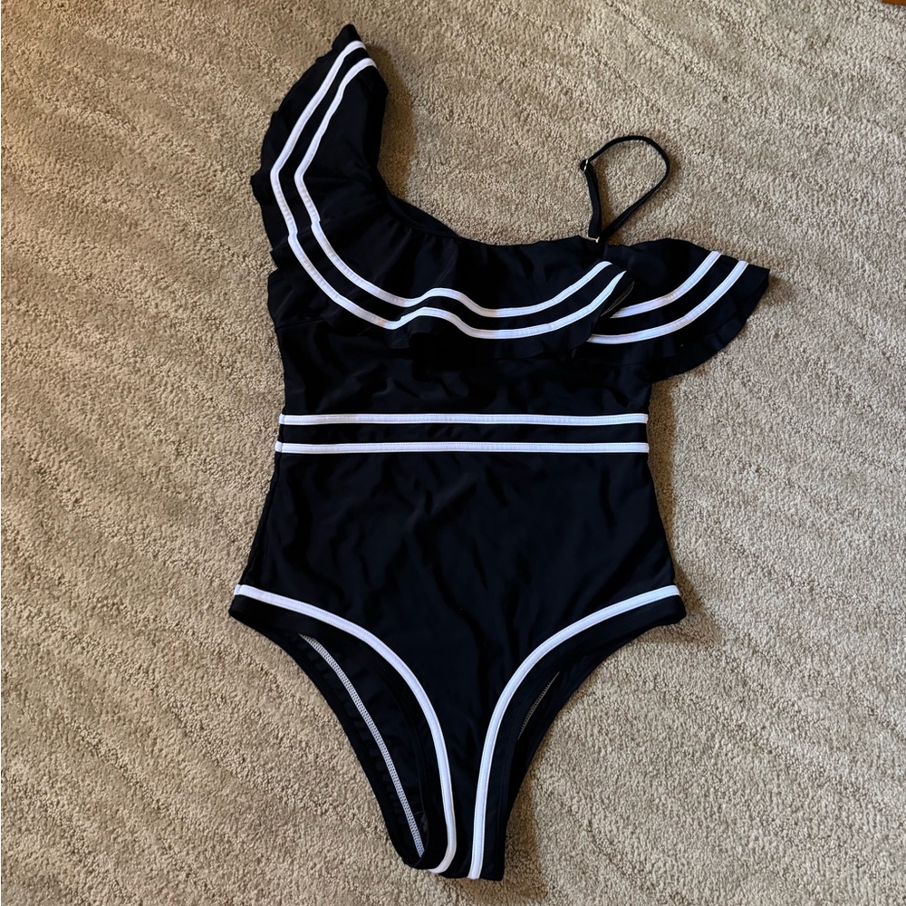 Black One-Shoulder Swimsuit with White Trim